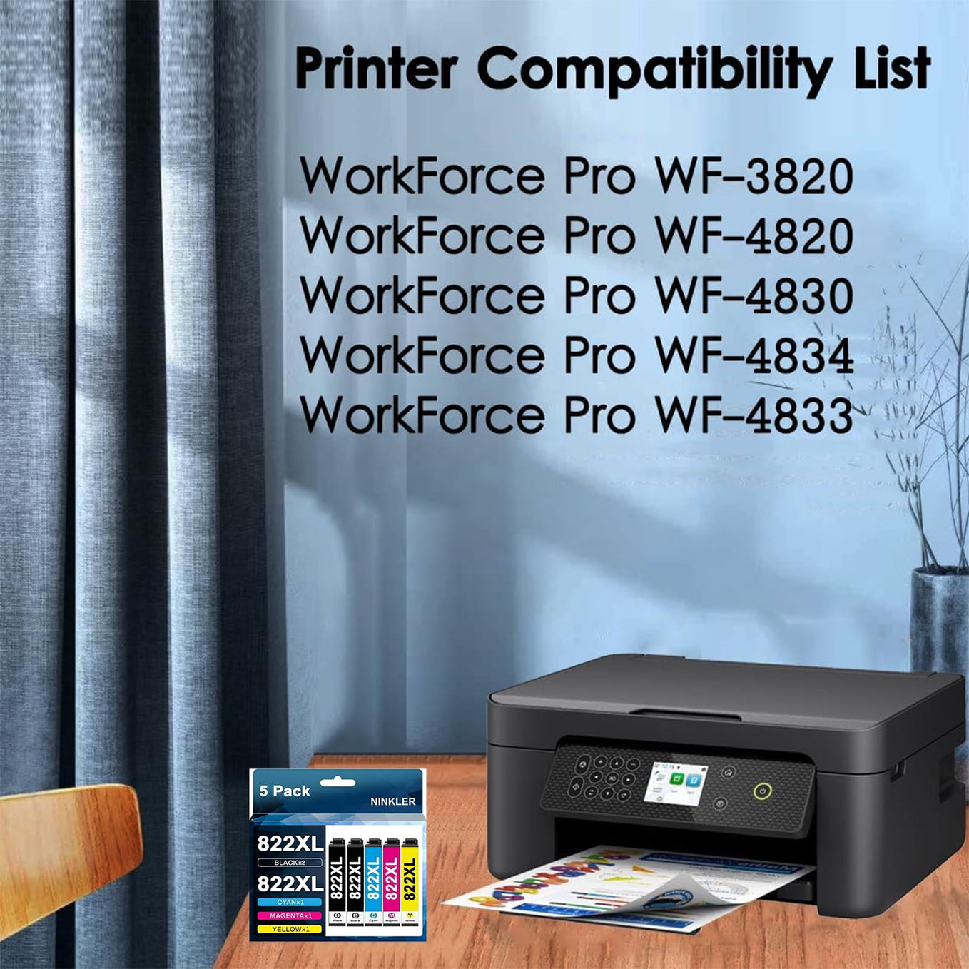 822XL for Epson 822xl ink cartridge for Epson Workforce Pro WF-3820 WF-4820 WF-4830 Printer (5-Pack)