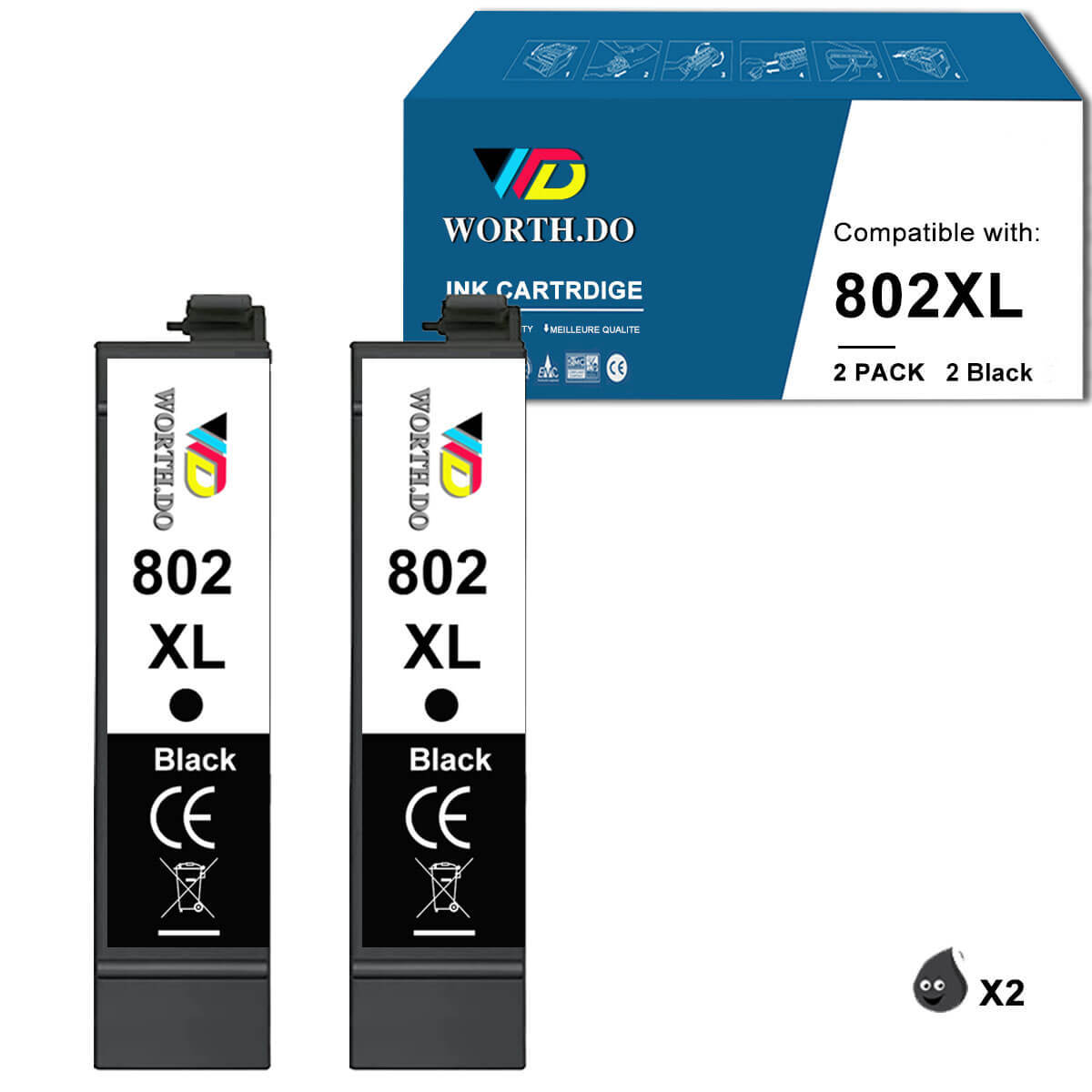 Remanufactured 802XL Premium Ink for Epson (2 Black)