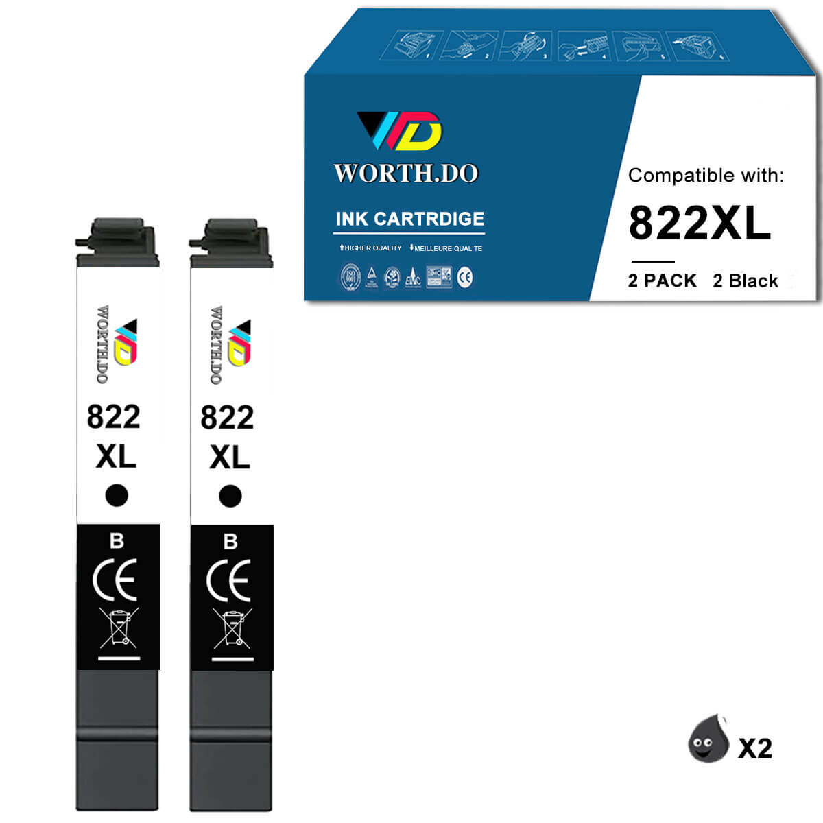 Remanufactured 822XL Premium Ink for Epson (2 Black)