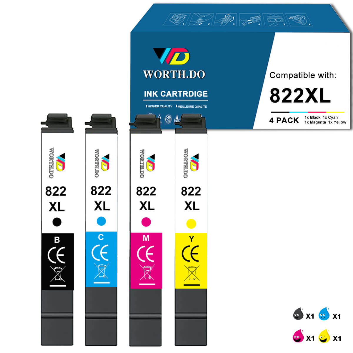 Remanufactured 822XL Premium Ink for Epson (4 Pack)