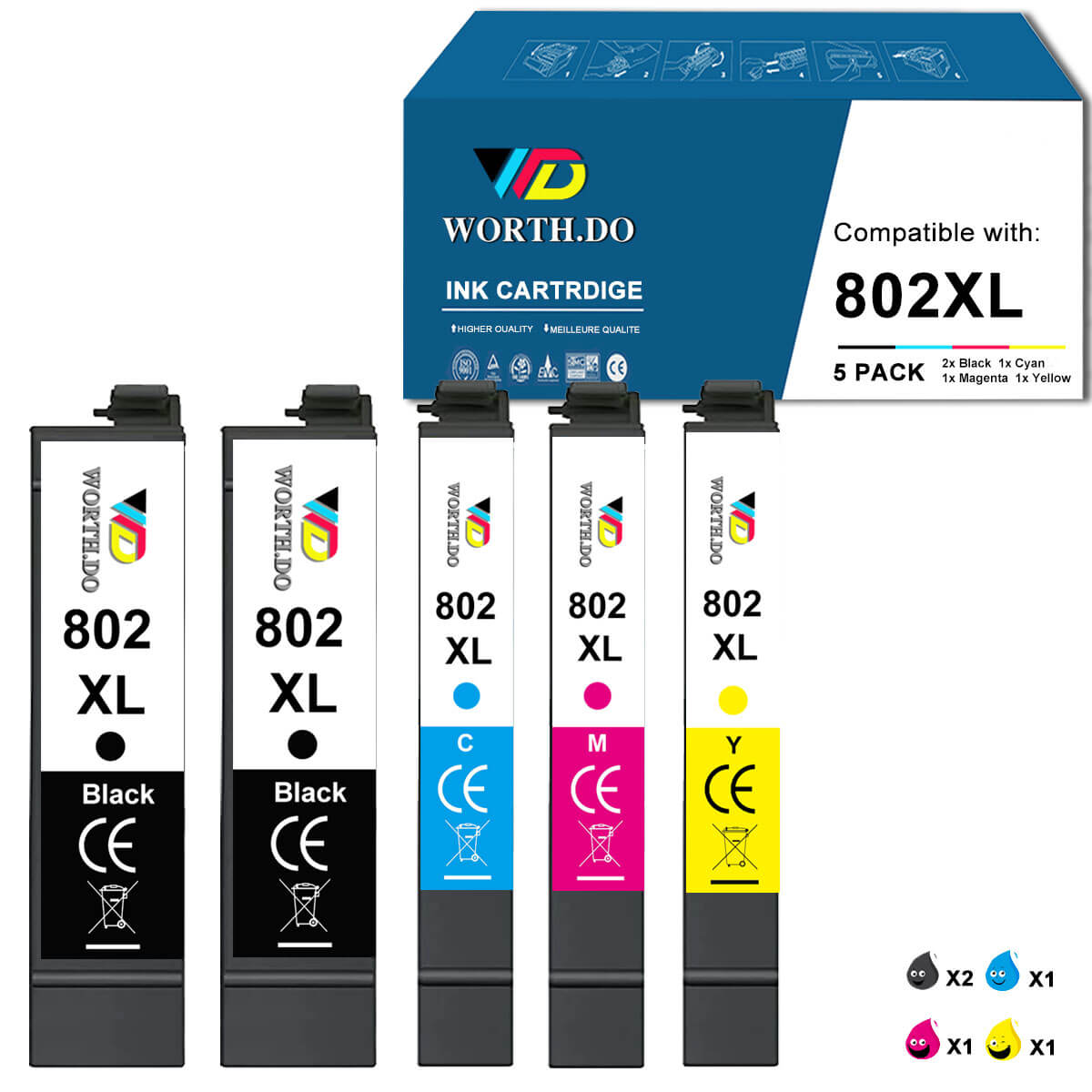 Remanufactured 802XL Premium Ink for Epson (2 Black)